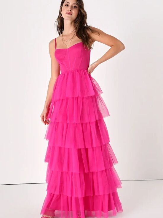 Lulus Dresses & Skirts - Rule the Runway Hot Pink Tulle Bustier Tiered Maxi Dress Lulus Small
